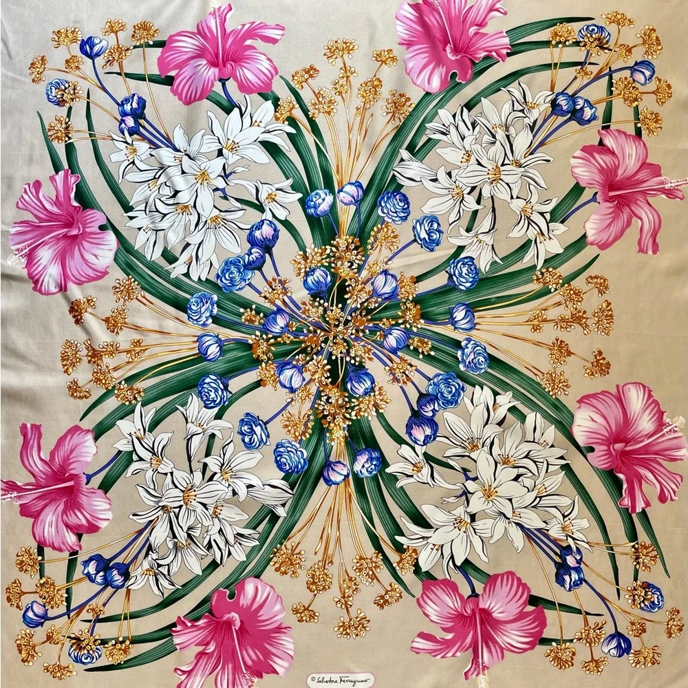 New Salvatore Ferragamo Silk Scarf Flowers Beige Multicolor Wrap Scarf